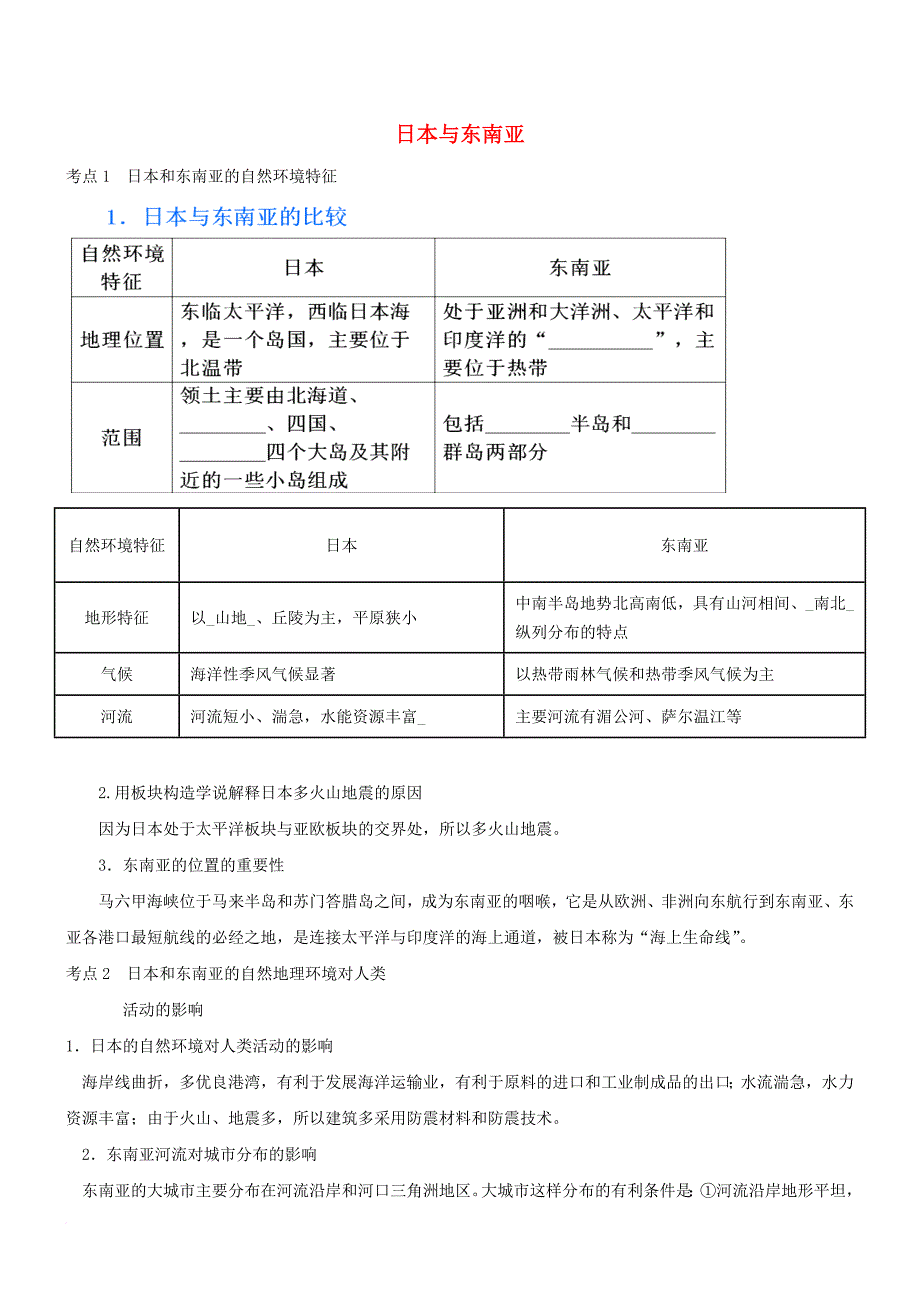 中考地理考点复习 第21讲 日本与东南亚精讲精析_第1页