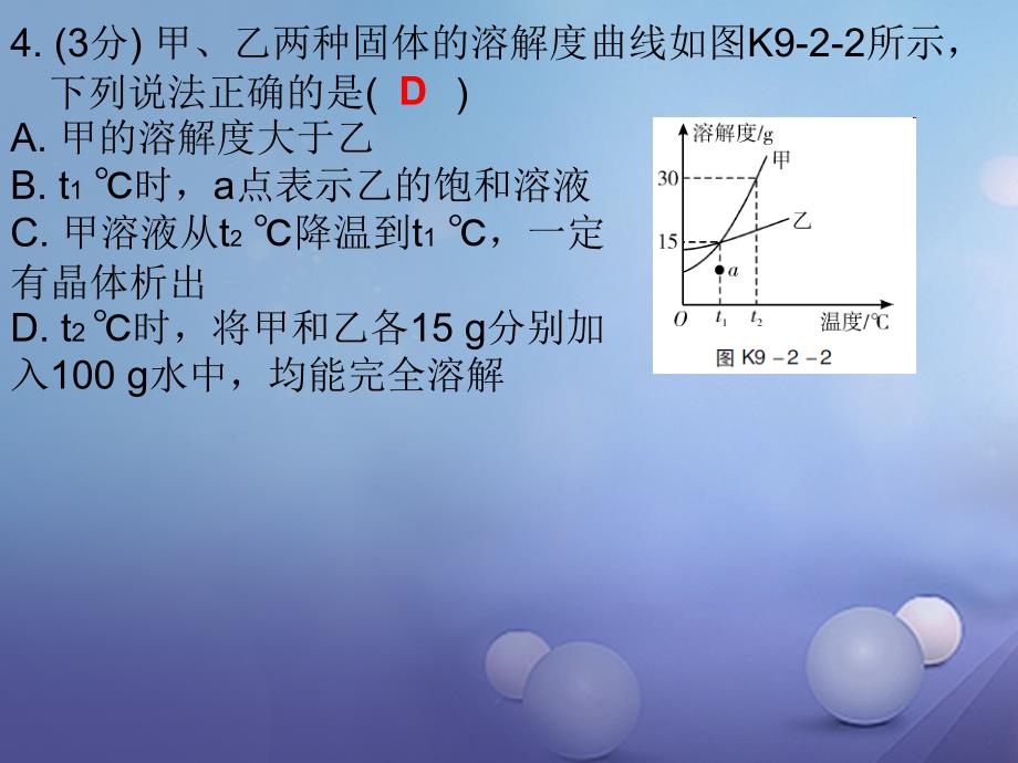 九年级化学下册 9 溶液 课题2 溶解度 课时2 溶解度与溶解度曲线（课堂十分钟）课件 （新版）新人教版_第3页