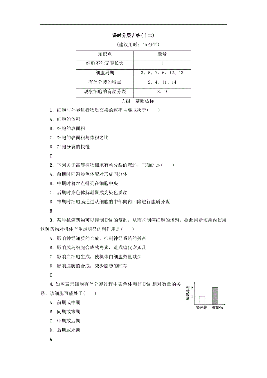 2018届高三生物（人教版）一轮复习分层训练：必修1第4单元 第1讲 细胞的增殖_第1页