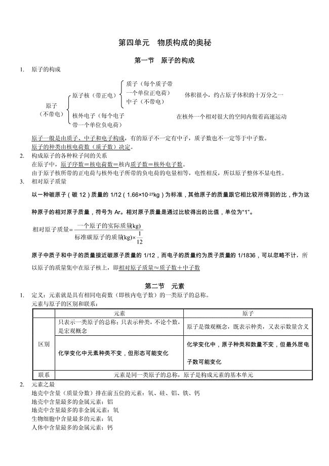 九年级化学上册第四单元复习提纲