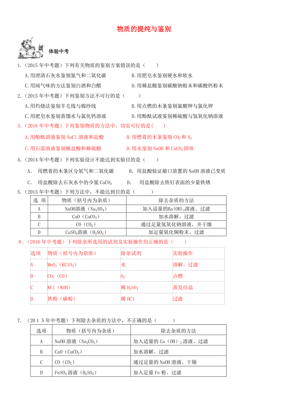 中考化学总复习 第1部分 基础知识回顾与能力训练 第22课时 物质的提纯与鉴别体验中考训练（无答案）_第1页