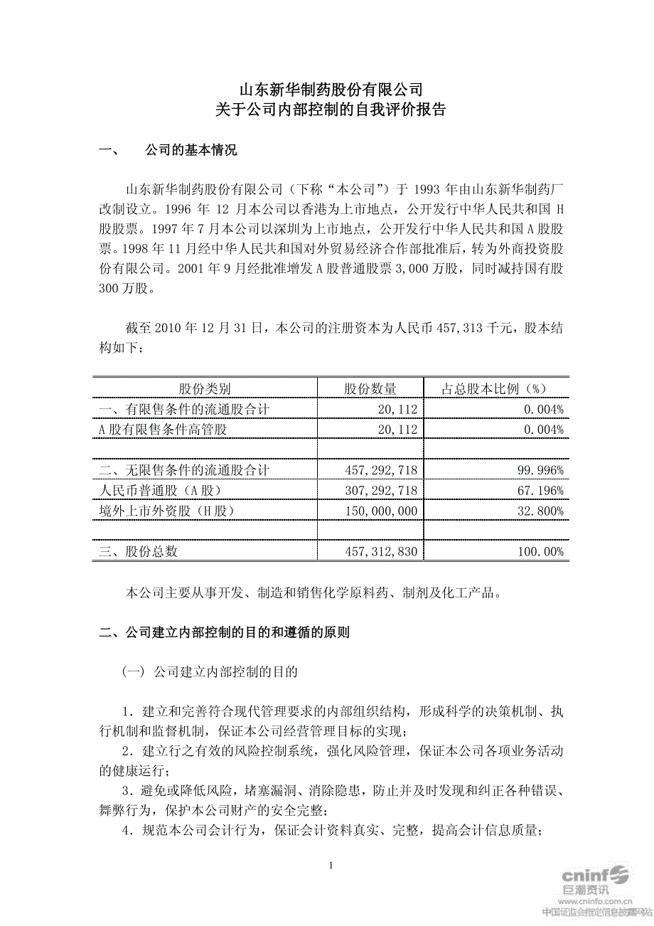 新华制药：关于公司内部控制的自我评价报告 2011-03-21_第1页