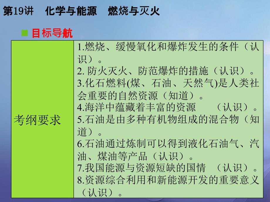 中考化学复习 第一轮 基础过关 瞄准考点 第四部分 化学与社会发展 第19讲 化学与能源 燃烧与灭火课件_第2页