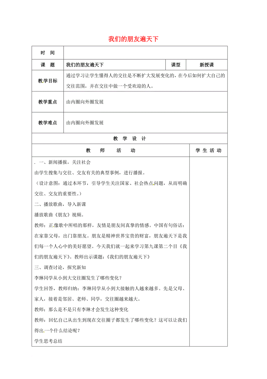 八年级政治上册 第二单元 学会交往天地宽 第3课 在交往中完善自我 第2框 我们的朋友遍天下教案 鲁教版_第1页