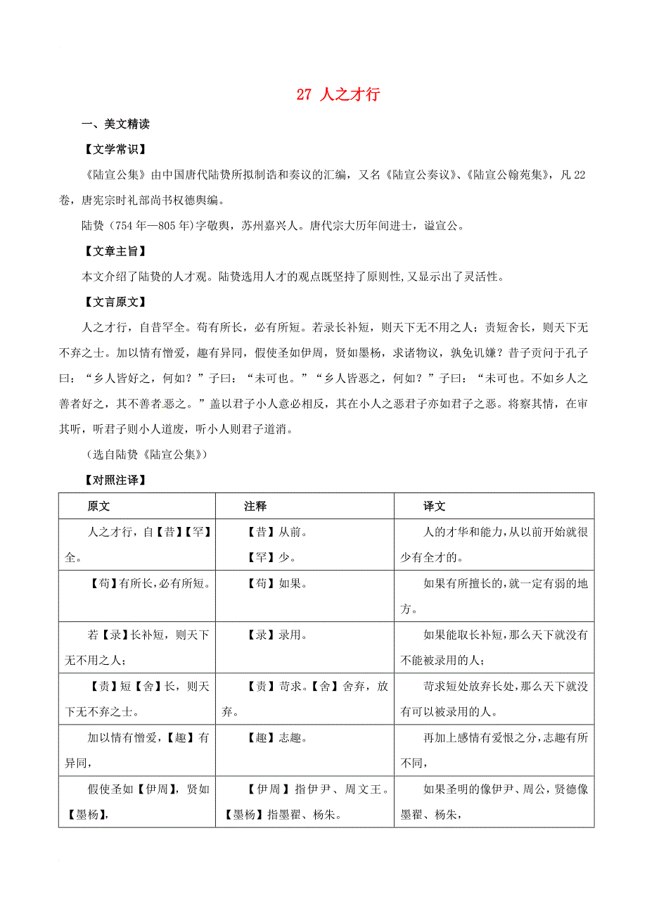 中考语文 课外文言文考试必读120篇 27 人之才行_第1页