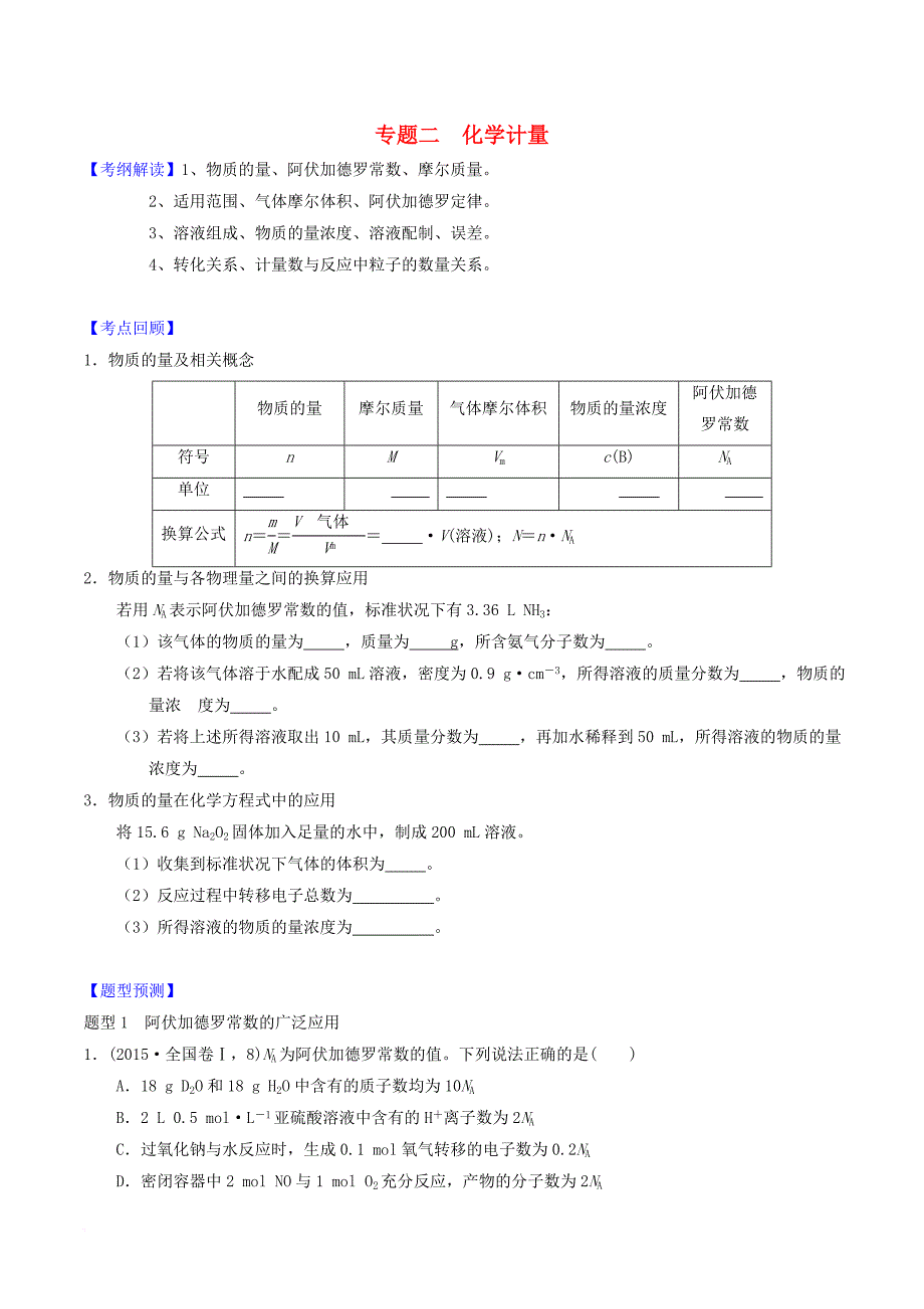 高考化学二轮复习 专题二 化学计量导学案 新人教版_第1页