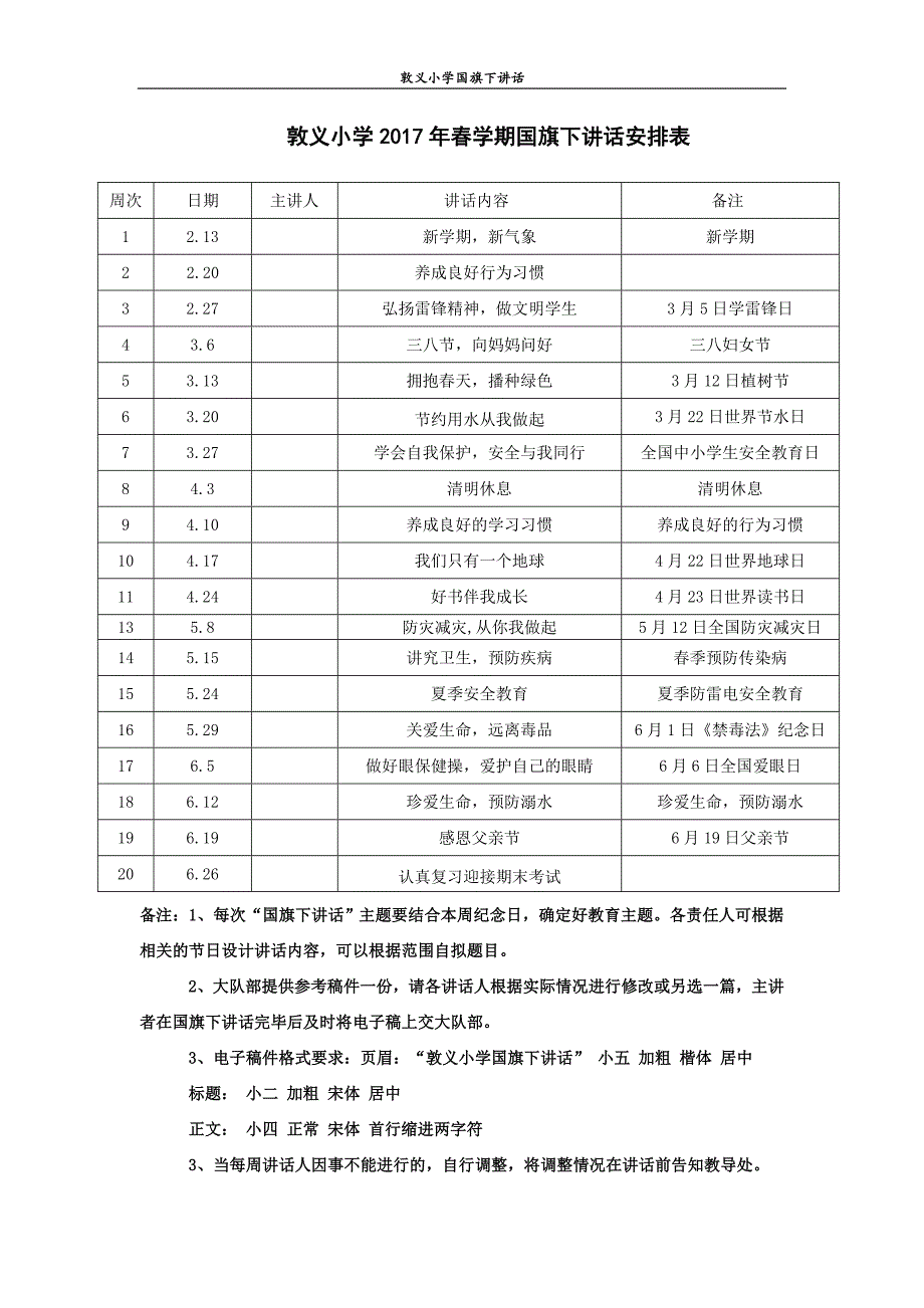 2017年上学期国旗下讲话安排与讲话稿_第1页