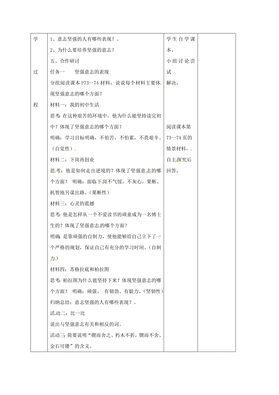 七年级道德与法治上册 第四单元 历经风雨 才见彩虹 第八课 宝剑锋从磨砺出 第1框 我们选择坚强导学案（无答案） 鲁人版六三制_第2页