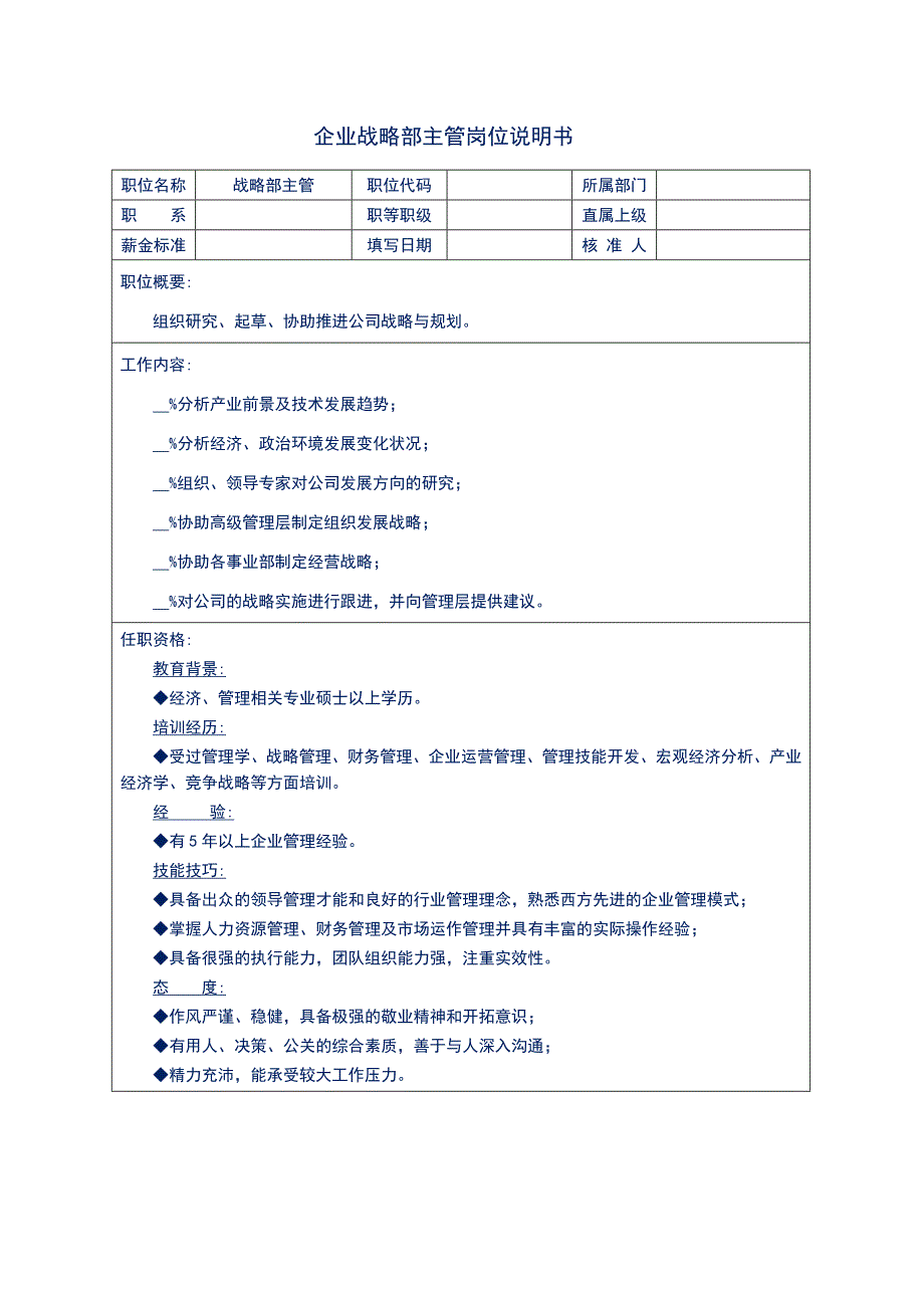 企业战略部主管岗位说明书_第1页