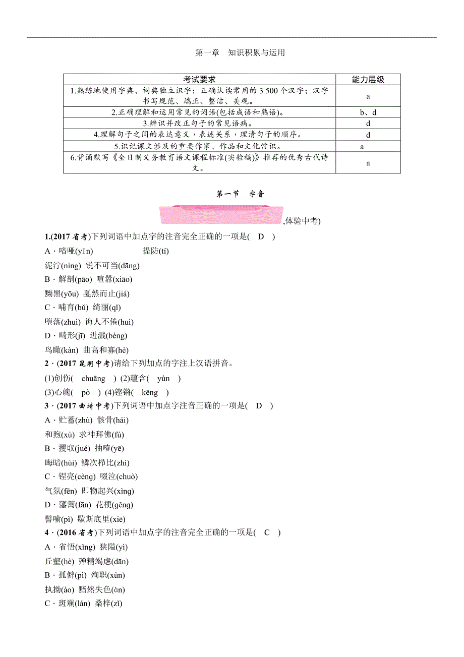 2018年云南中考语文特训复习精练：第1节　字音_第1页
