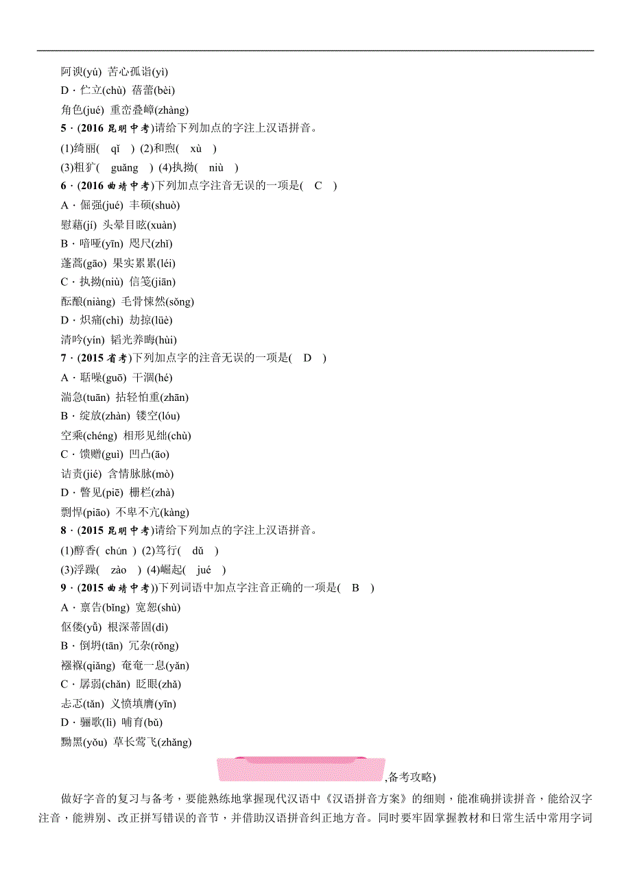 2018年云南中考语文特训复习精练：第1节　字音_第2页