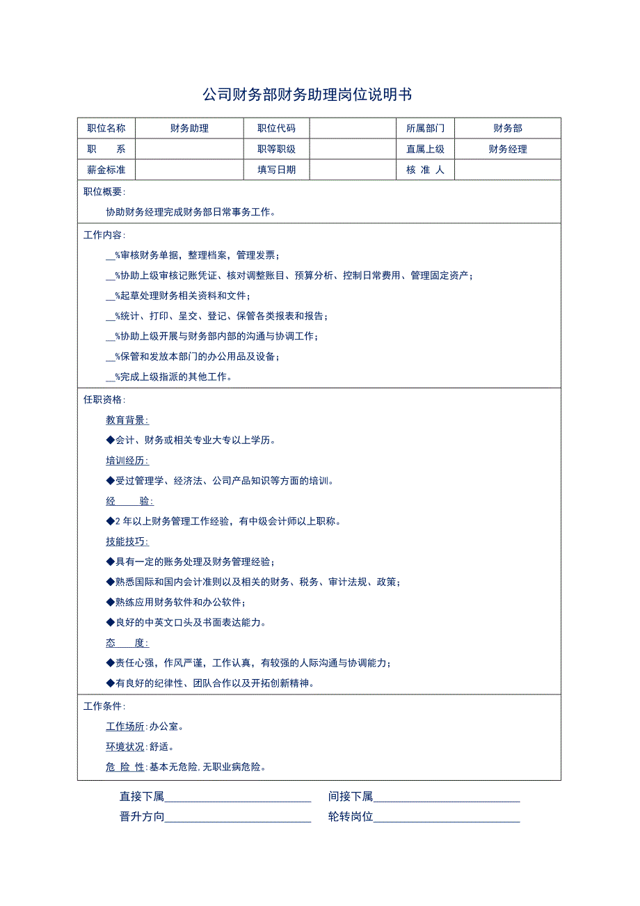 公司财务部财务助理岗位说明书_第1页