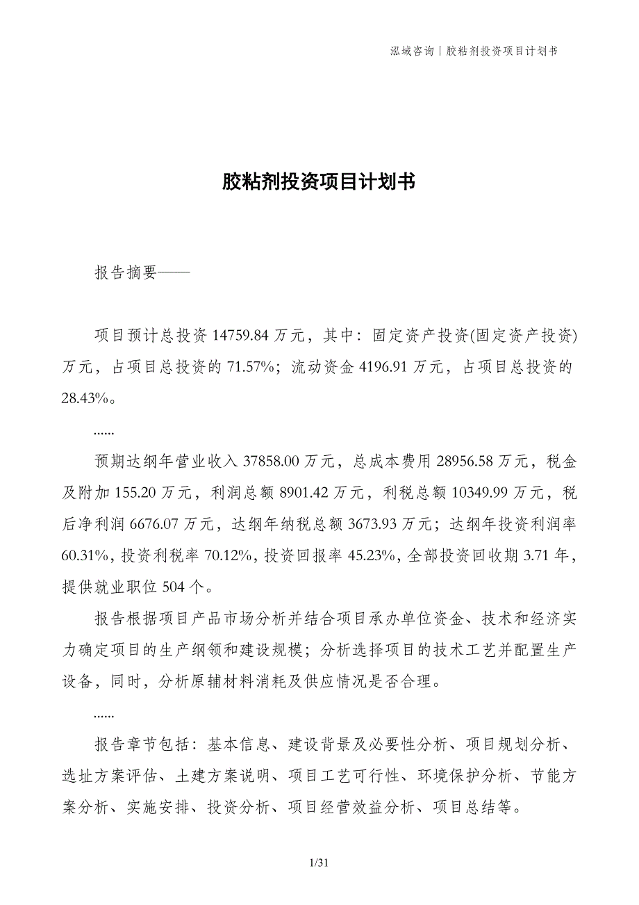 胶粘剂投资项目计划书_第1页