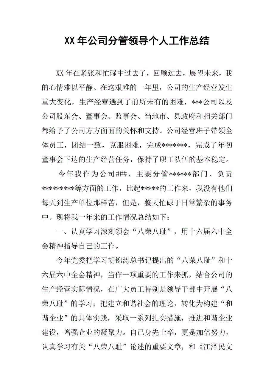 xx年公司分管领导个人工作总结.doc_第1页