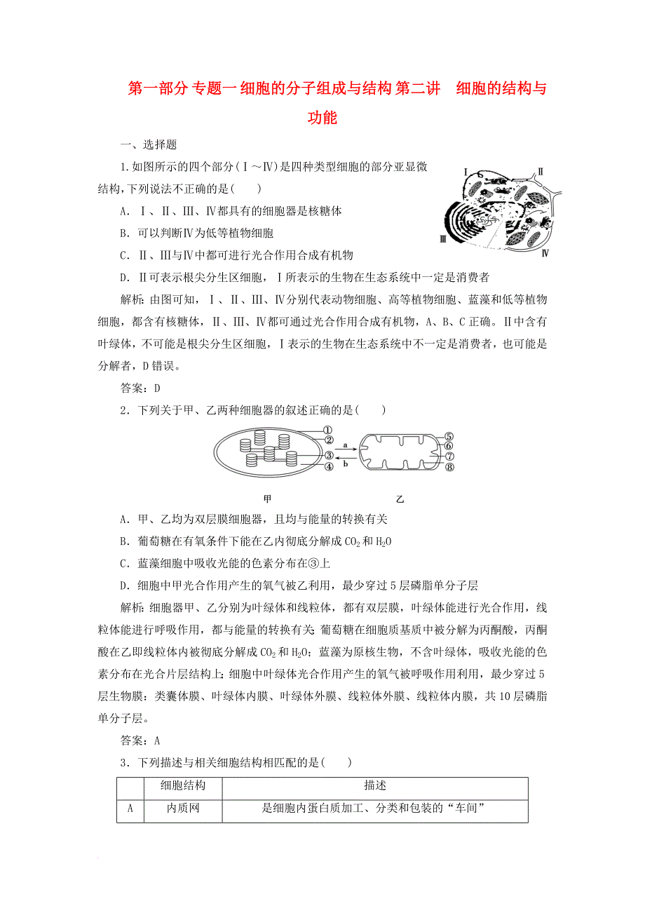 高考生物二轮复习 第一部分 专题一 细胞的分子组成与结构 第二讲 细胞的结构与功能 新人教版_第1页