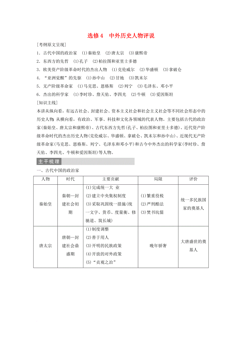 高三历史二轮复习第1部分模块4选修部分中外历史人物评说教师用书_第1页