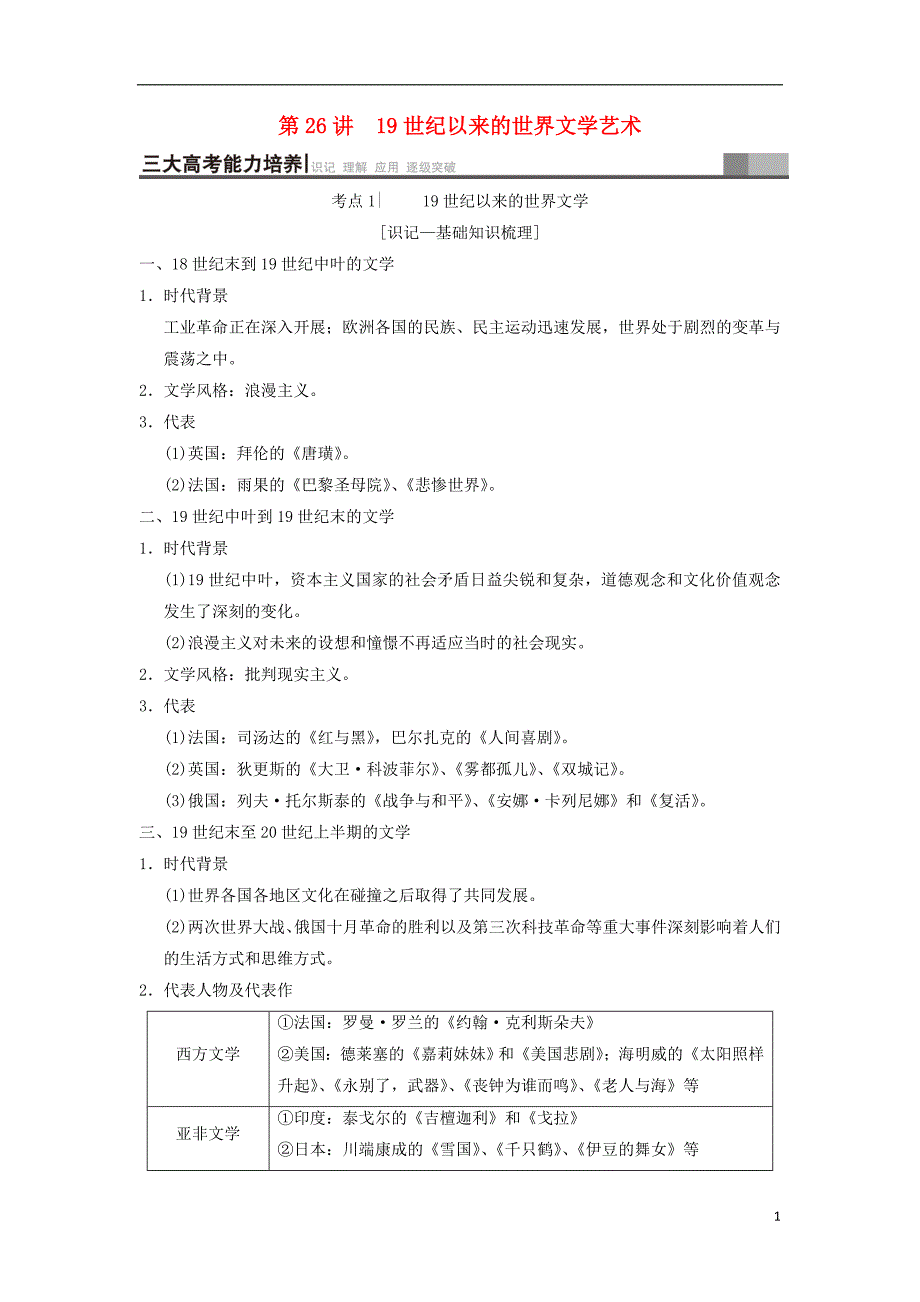 （通史版通用）2019版高考历史一轮总复习 第3部分 世界古代近代史 第8单元 第26讲 19世纪以来的世界文学艺术学案_第1页