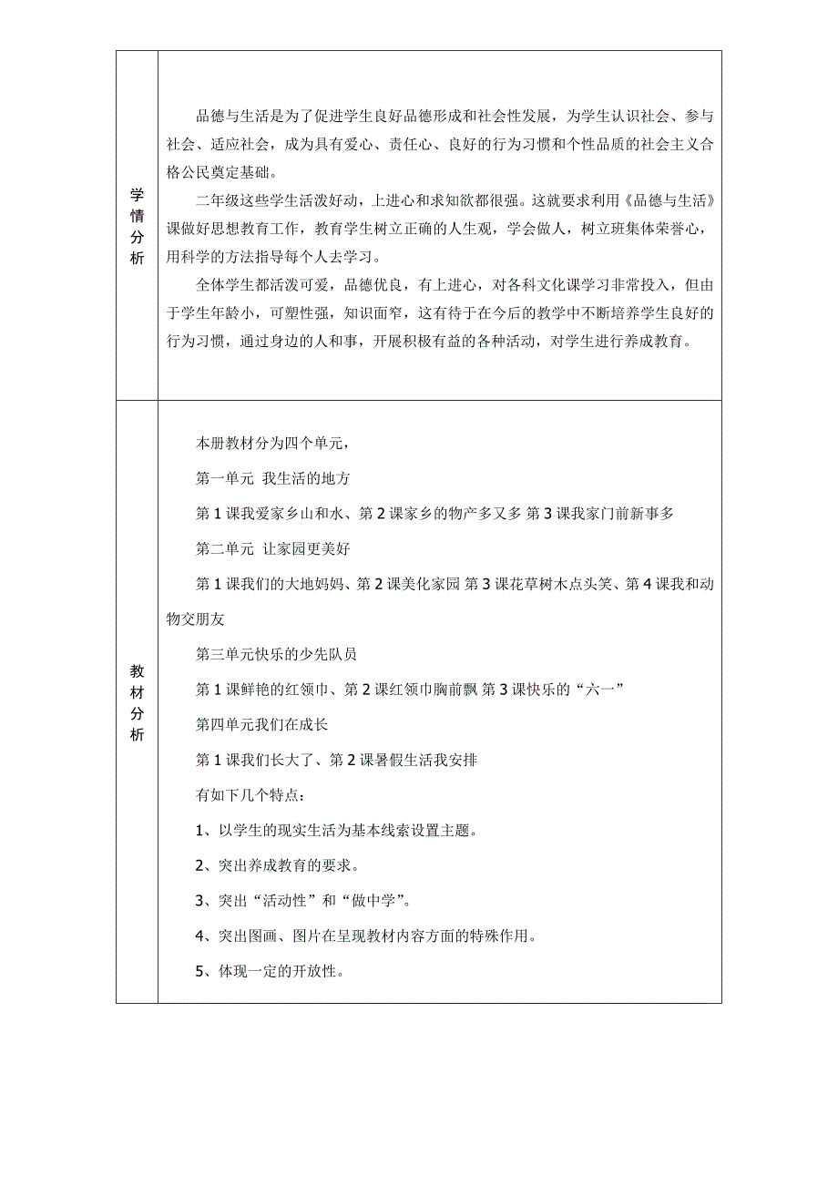 二年级下册人教版品德与生活表格式教案(带单元备课和板书、三维目标) _第2页