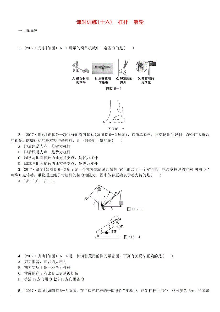 中考物理复习第八单元功和机械能简单机械第16课时杠杆滑轮课时训练_第1页