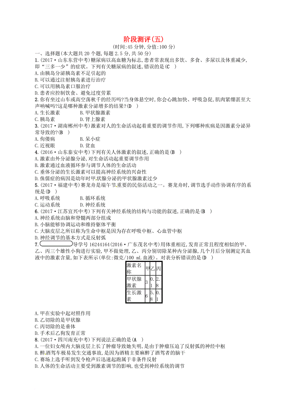 七年级生物下册 阶段测评（五）（新版）济南版_第1页