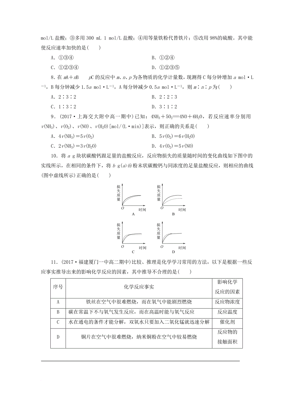 高中化学 专题2 化学反应与能量转化 第一单元 化学反应速率与反应限度 第1课时 化学反应速率课时作业 苏教版必修_第2页