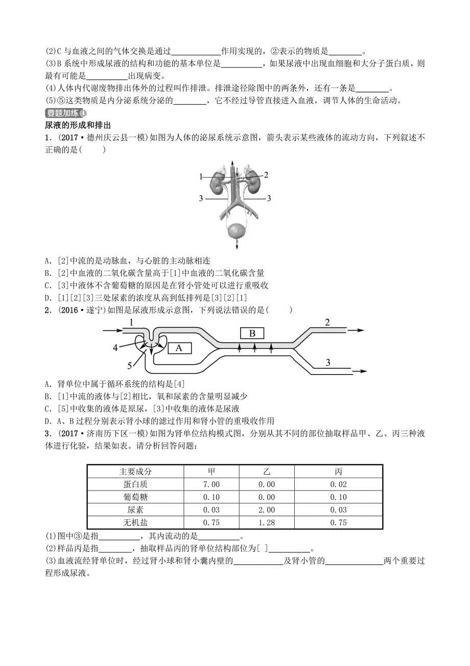 中考生物 第三单元 生物圈中的人 第四章 人体内代谢废物的排出实战演练_第5页