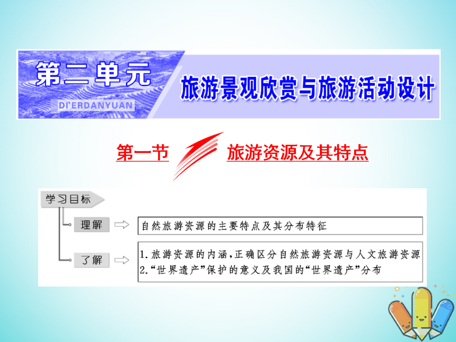 高中地理 第二单元 旅游景观欣赏与旅游活动设 第一节 旅游资源及其特点课件 鲁教版选修_第1页