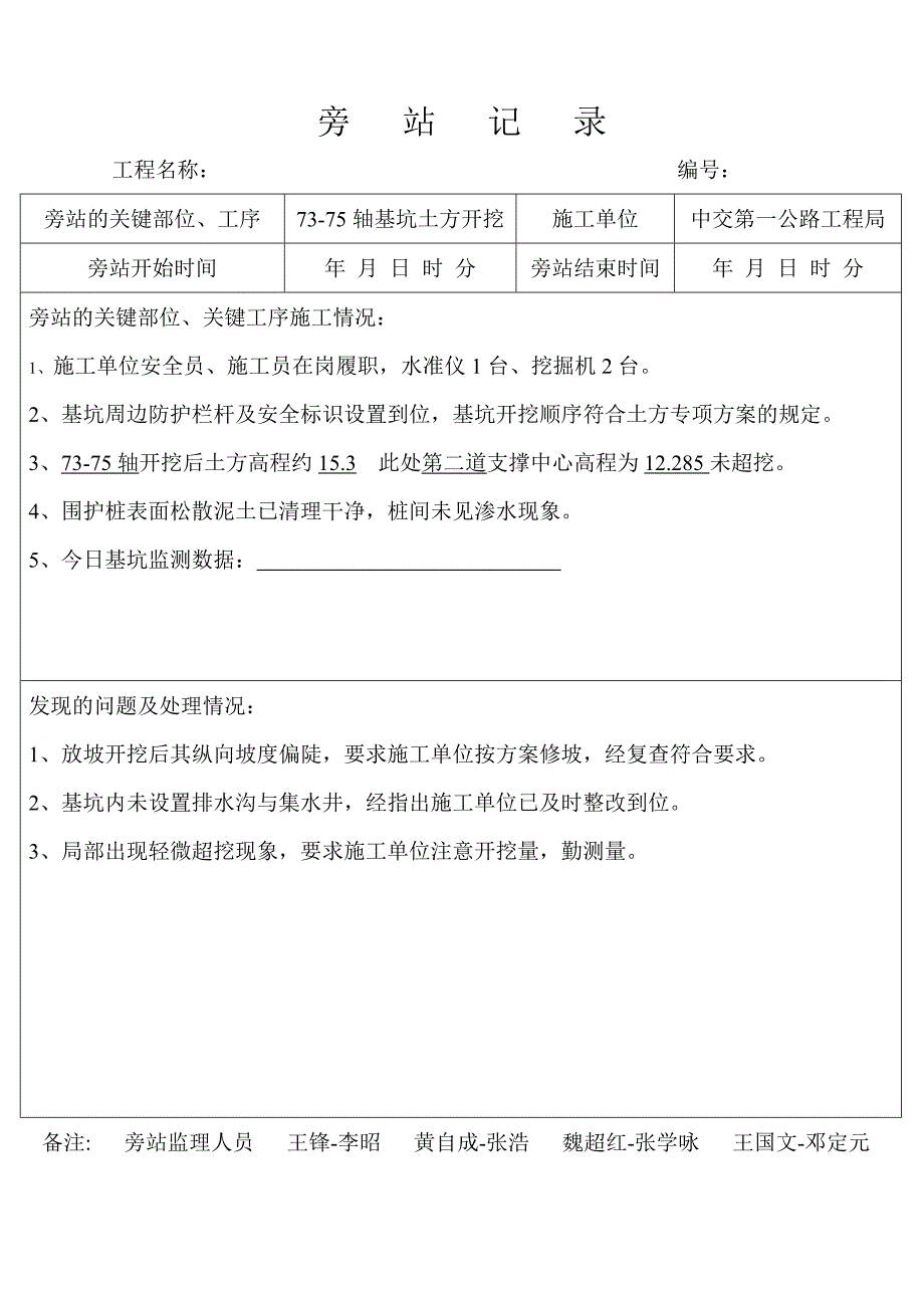 土方开挖旁站记录范本_第1页