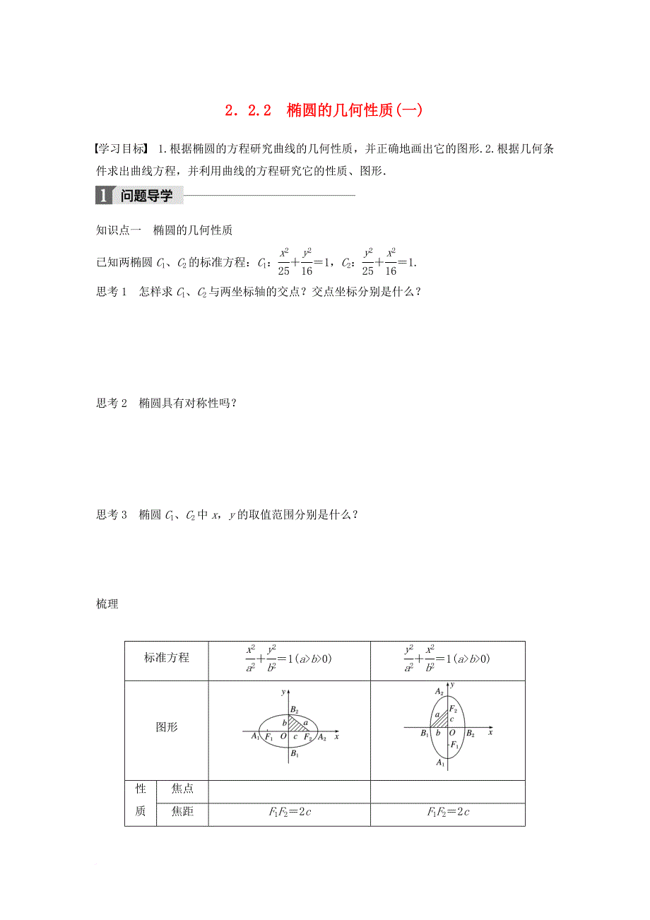 高中数学 第二章 圆锥曲线与方程 2_2_2 椭圆的几何性质（一）学案 苏教版选修1-1_第1页