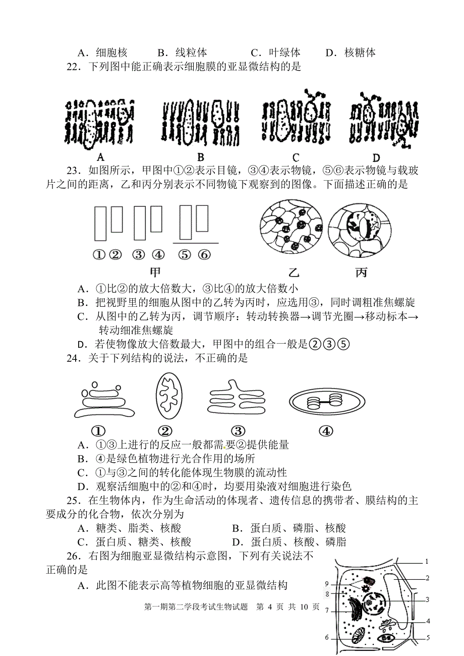 高中生物必修一期末考试试题与答案_第4页