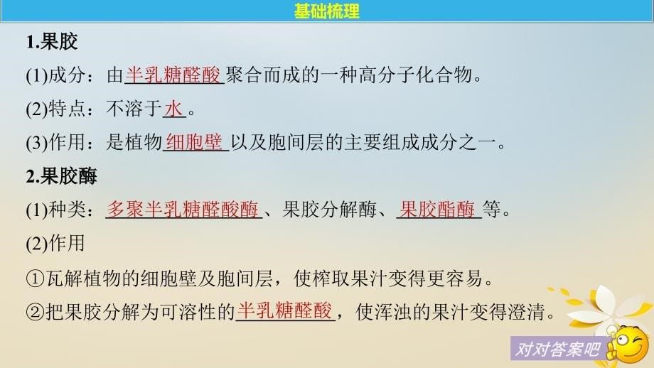 高中生物专题4酶的研究与应用第10课时果胶酶在果汁生产中的作用同步备课课件新人教版选修1_第5页