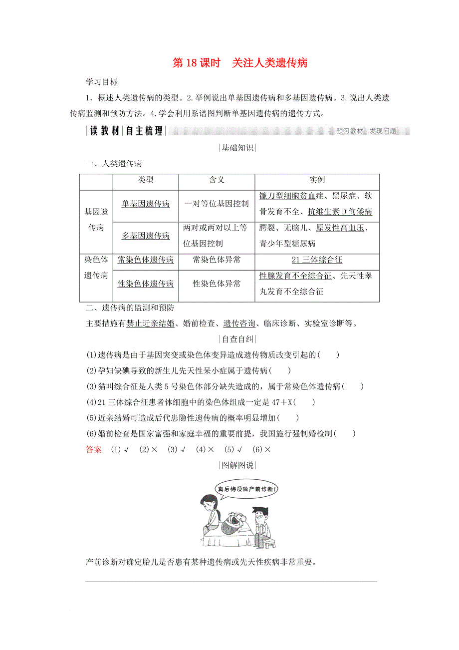 高中生物 第四章 遗传的分子基础 第18课时 关注人类遗传病学案 苏教版必修_第1页