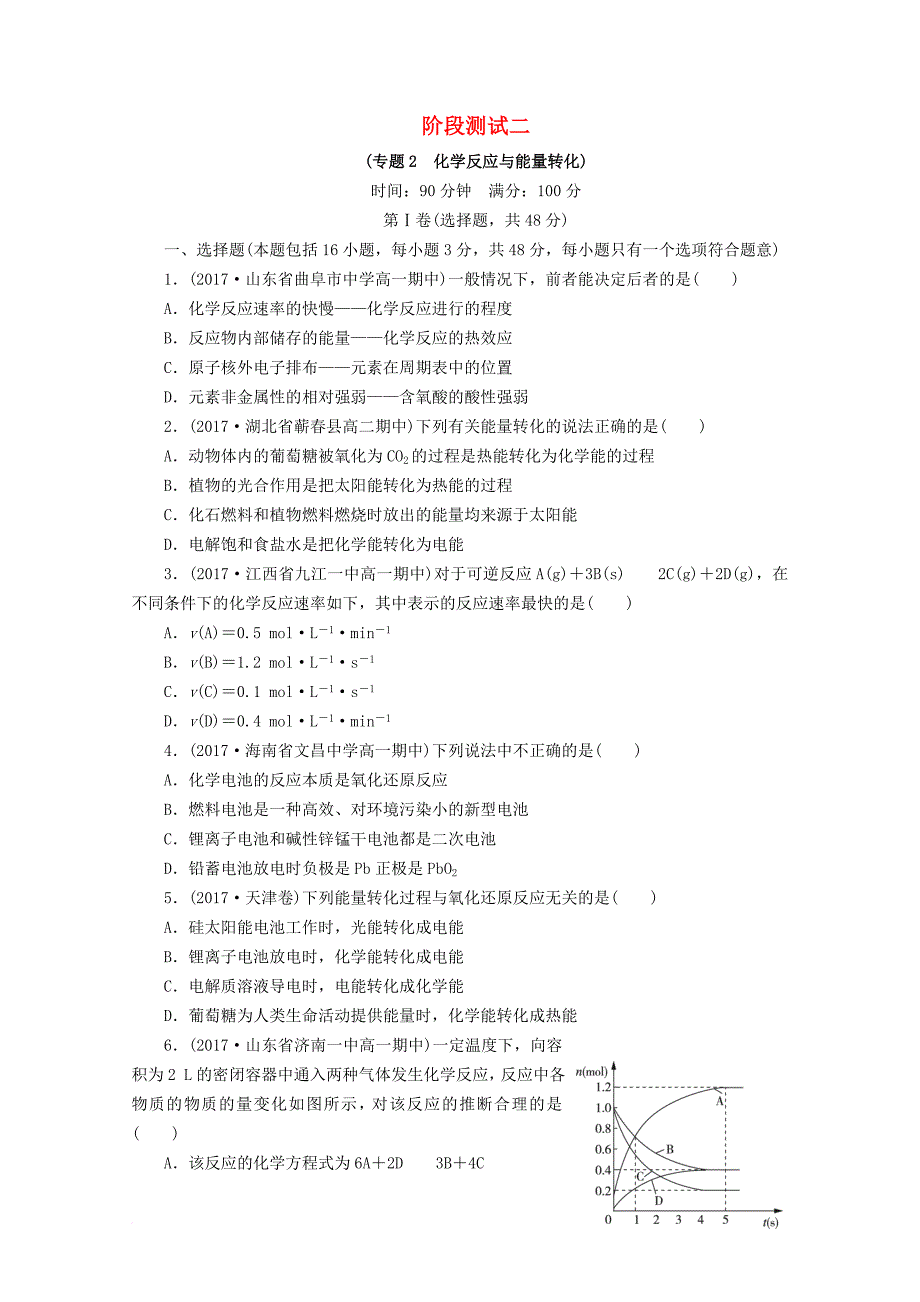 高中化学 阶段测试2（专题2 化学反应与能量转化）苏教版必修_第1页