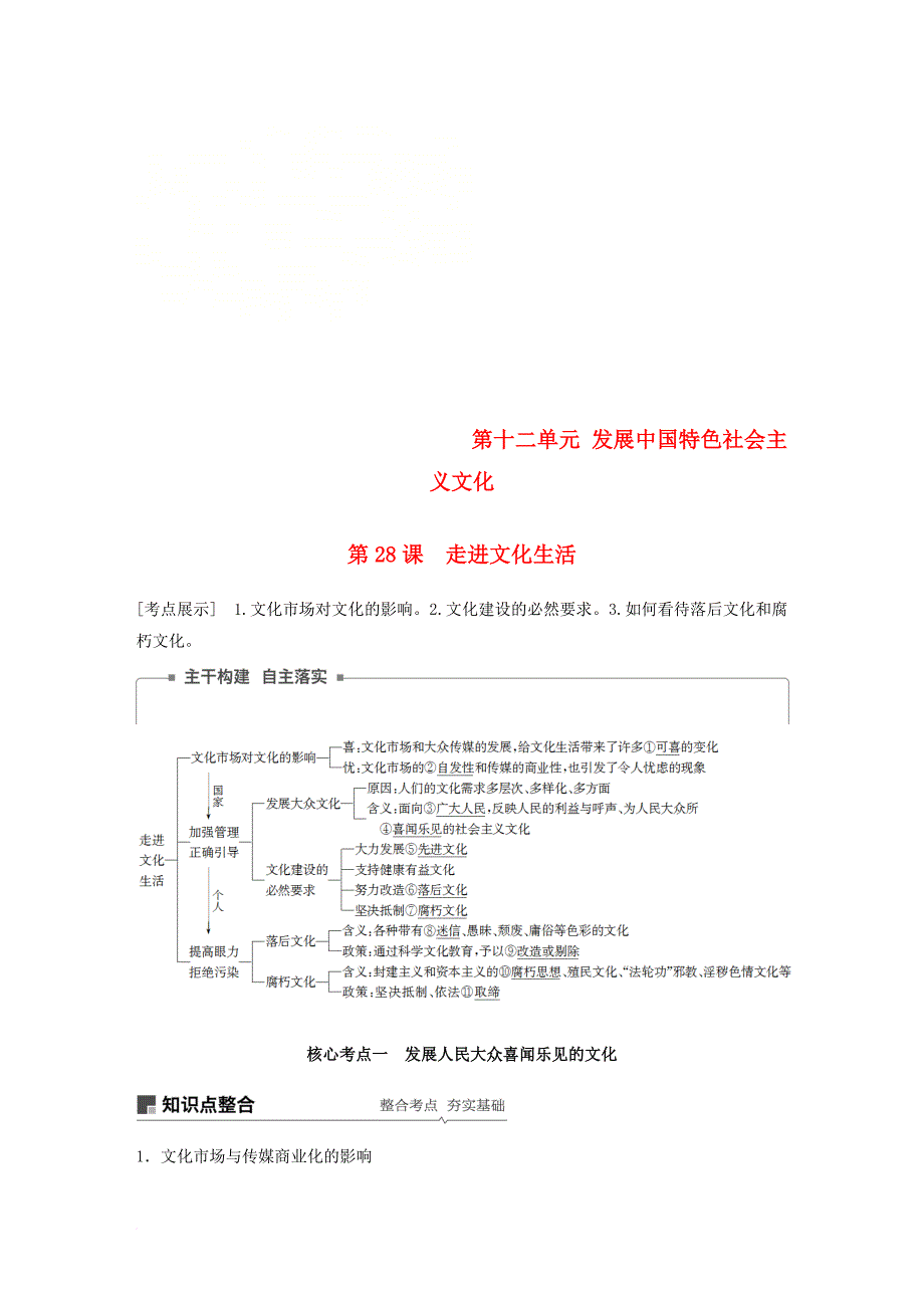 高考政治一轮复习 第十二单元 发展中国特色社会主义文化 第28课 走进文化生活讲义 新人教版必修_第1页