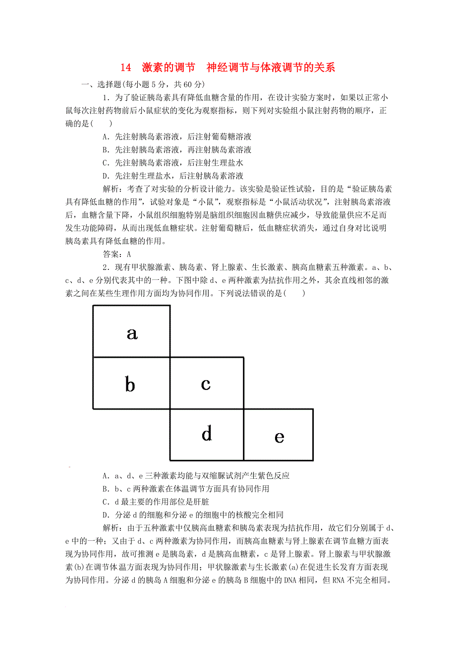 高考生物二轮复习专题训练14 激素的调节 神经调节与体液调节的关系_第1页