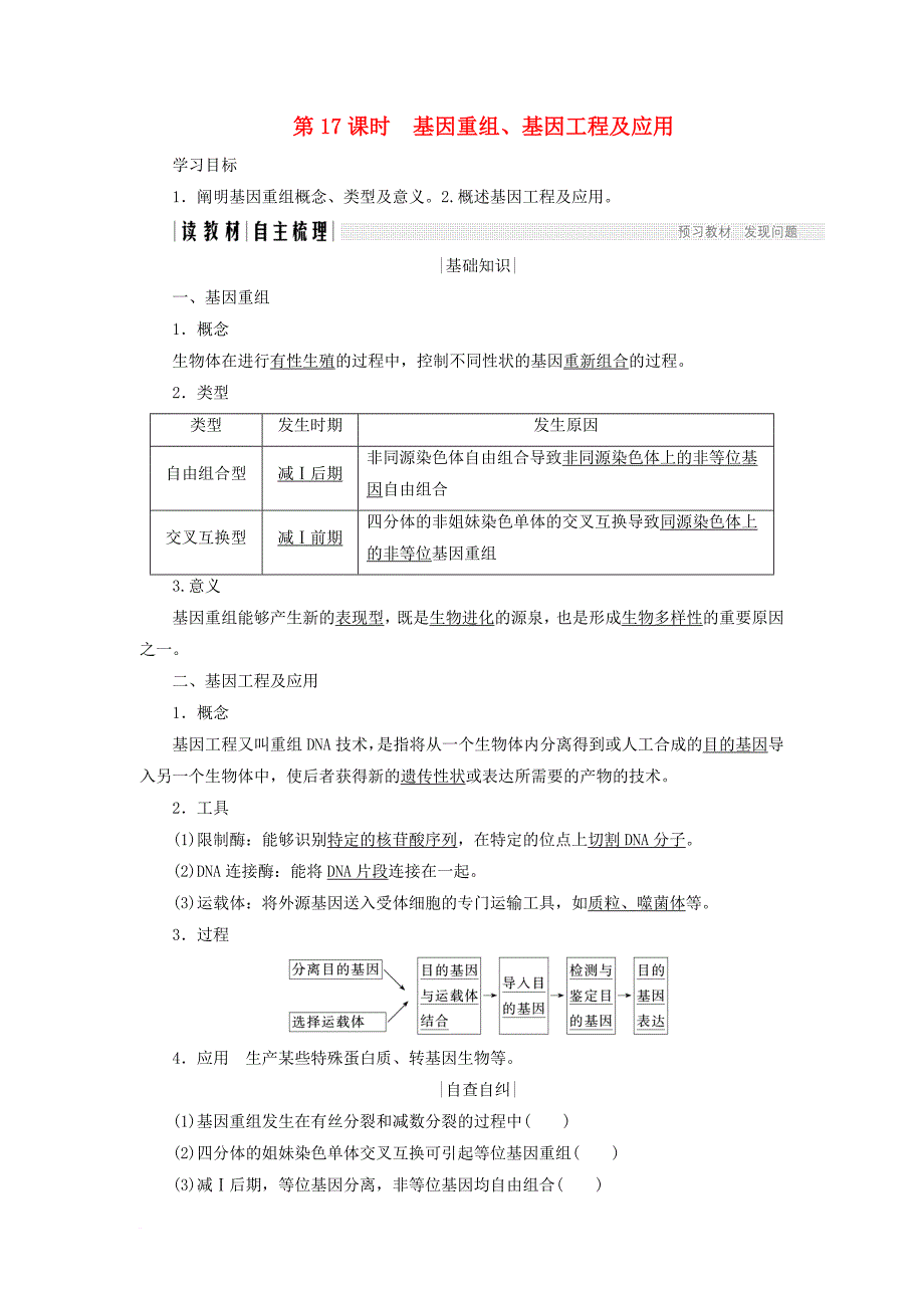 高中生物 第四章 遗传的分子基础 第17课时 基因重组基因工程及应用学案 苏教版必修_第1页