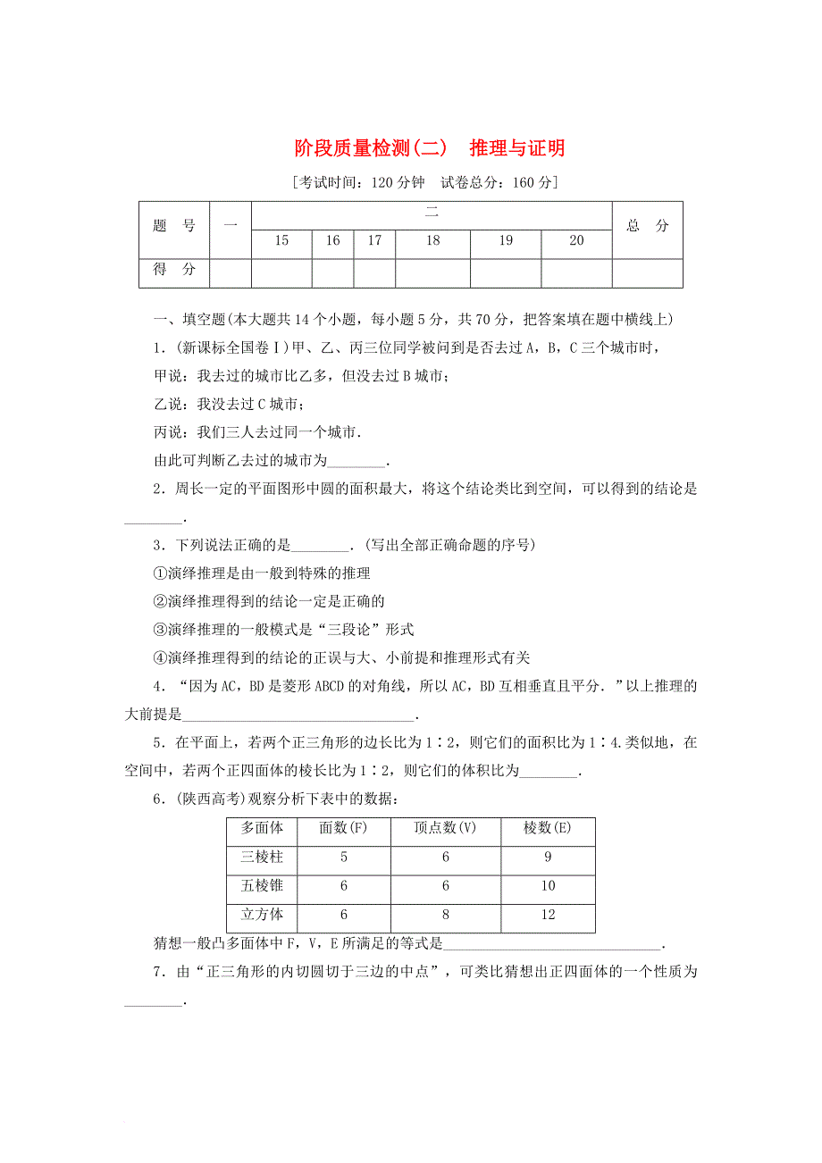 高中数学 阶段质量检测（二）推理与证明 苏教版选修_第1页