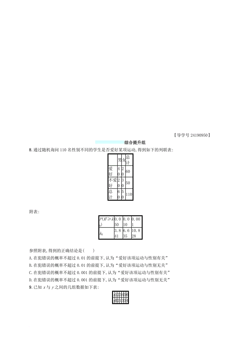 高考数学总复习 课时规范练50 变量间的相关关系统计案例 文 新人教a版_第3页