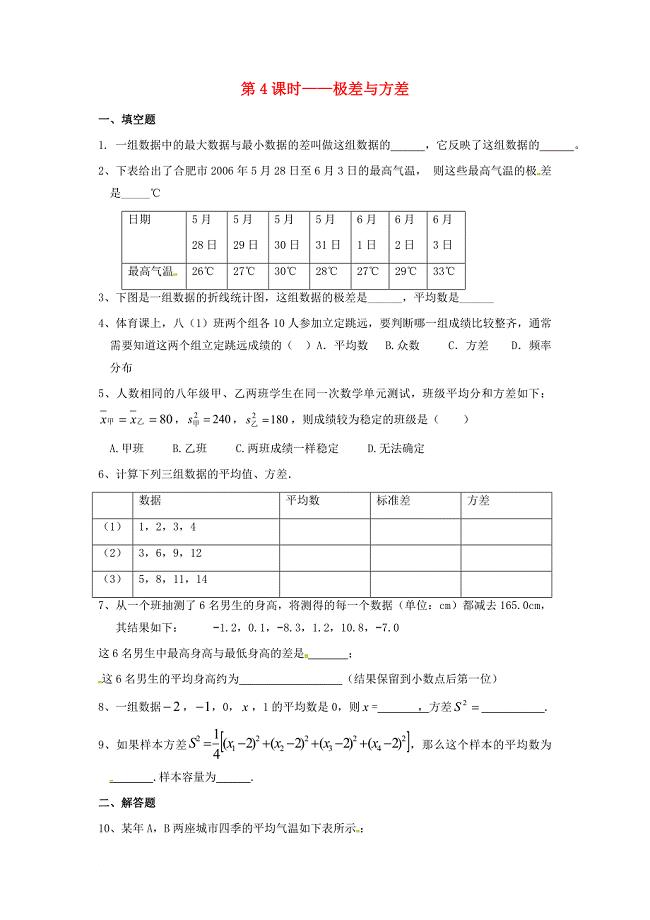 八年级数学下册 第20章 数据的分析 第4课时 极差与方差练习（无答案）（新版）新人教版