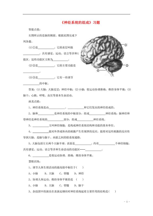 七年级生物下册 4.6.2神经系统的组成课堂习题（无答案）（新版）新人教版