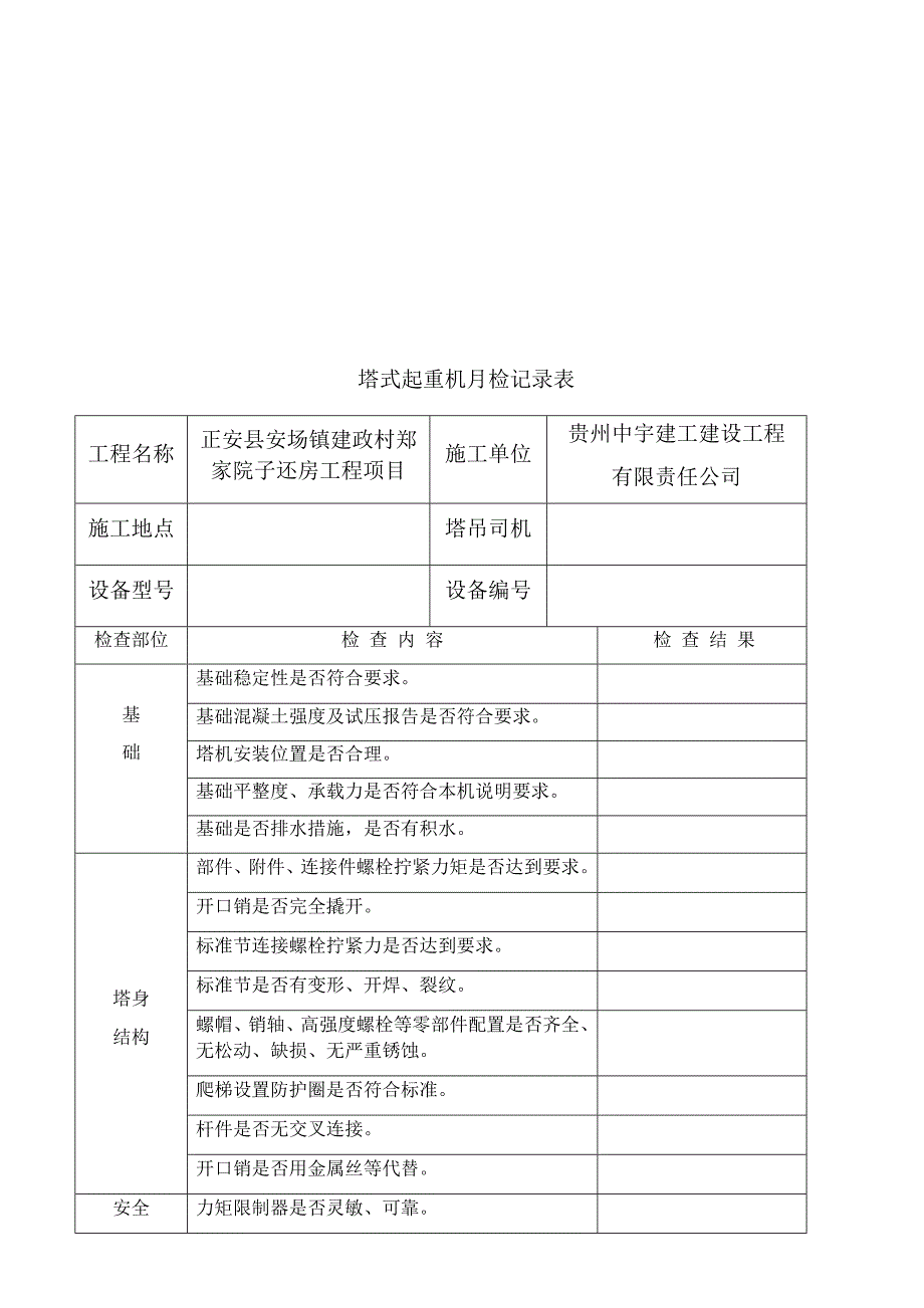 塔式起重机月检记录表-贵州中宇建工建设工程有限责任公司_第2页