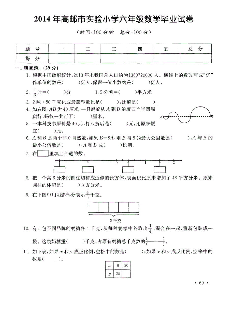 高邮市实验小学2014年小学毕业数学试卷_第1页