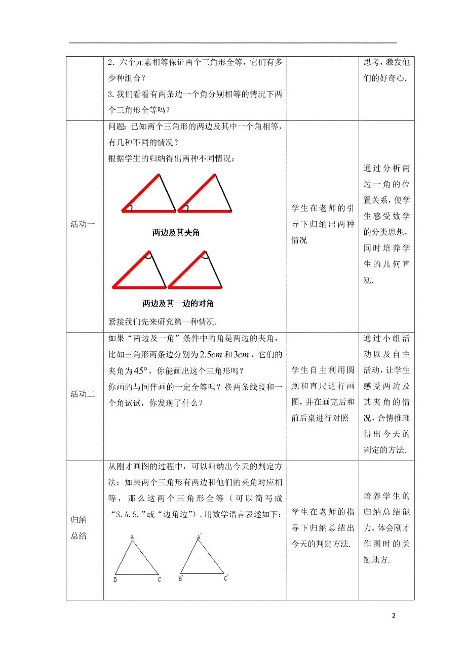 八年级数学上册 第十三章 全等三角形 13.2 三角形全等的判定—边角边教案 （新版）华东师大版_第2页