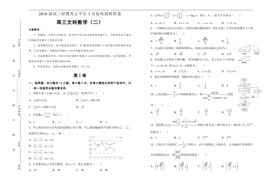 2018届高三某平台3月内部特供卷 文科数学（二）学生版_第1页