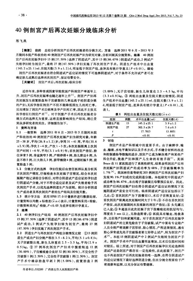 40例剖宫产后再次妊娠分娩临床分析