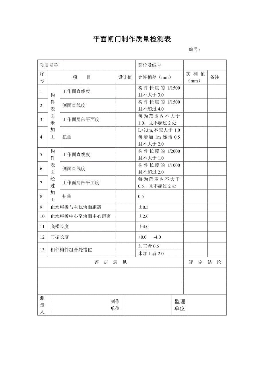 闸门制作质量评定表_第5页