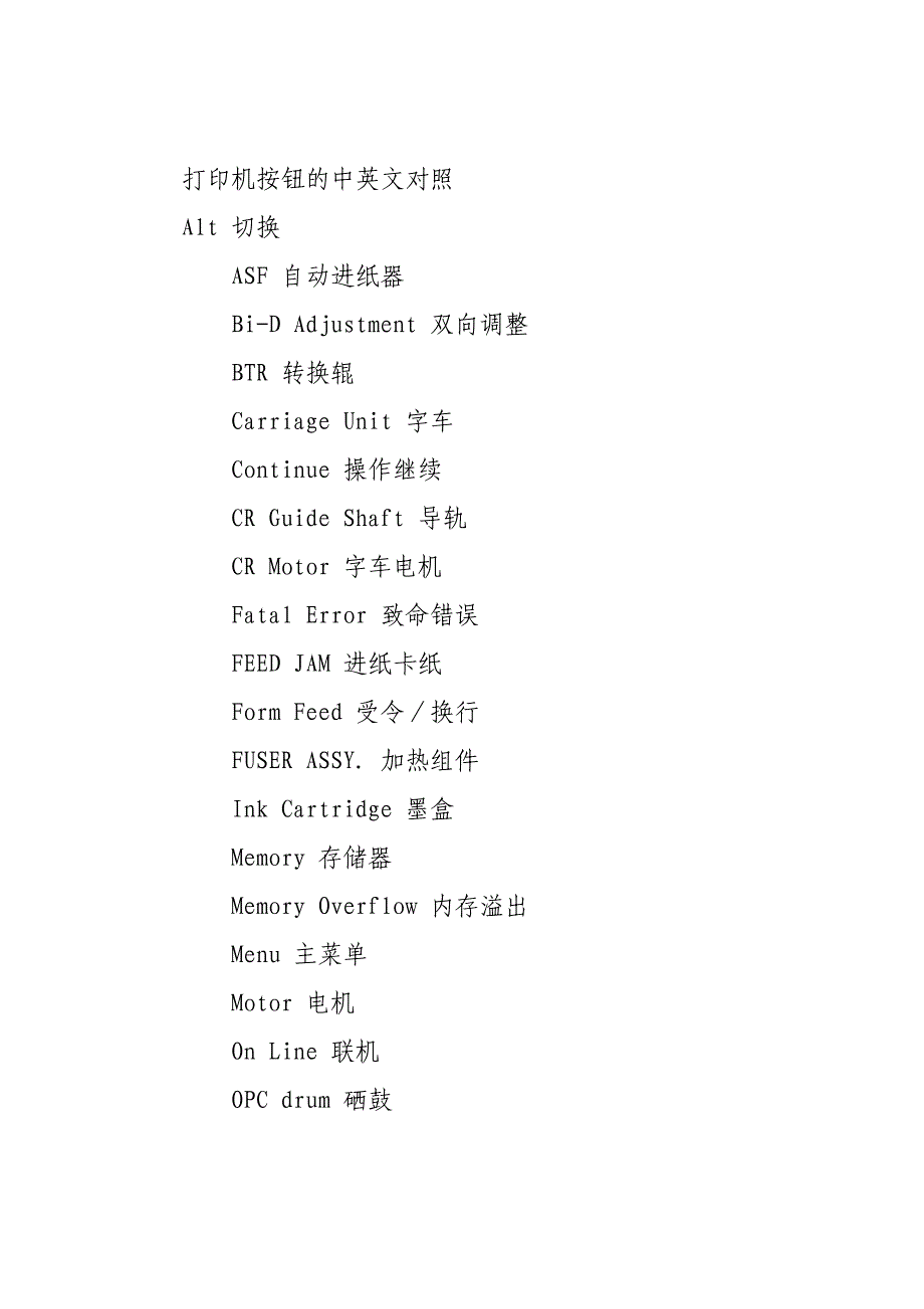 佳能激光打印机按钮的中英文对照_第1页