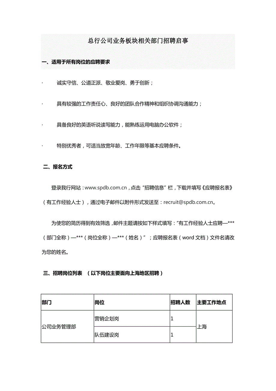 总行公司业务板块相关部门招聘启事_第1页