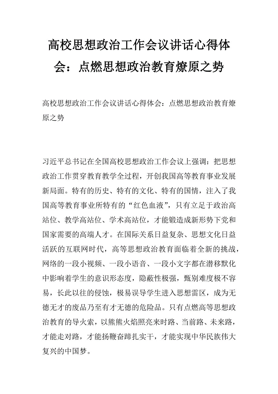 高校思想政治工作会议讲话心得体会：点燃思想政治教育燎原之势_第1页