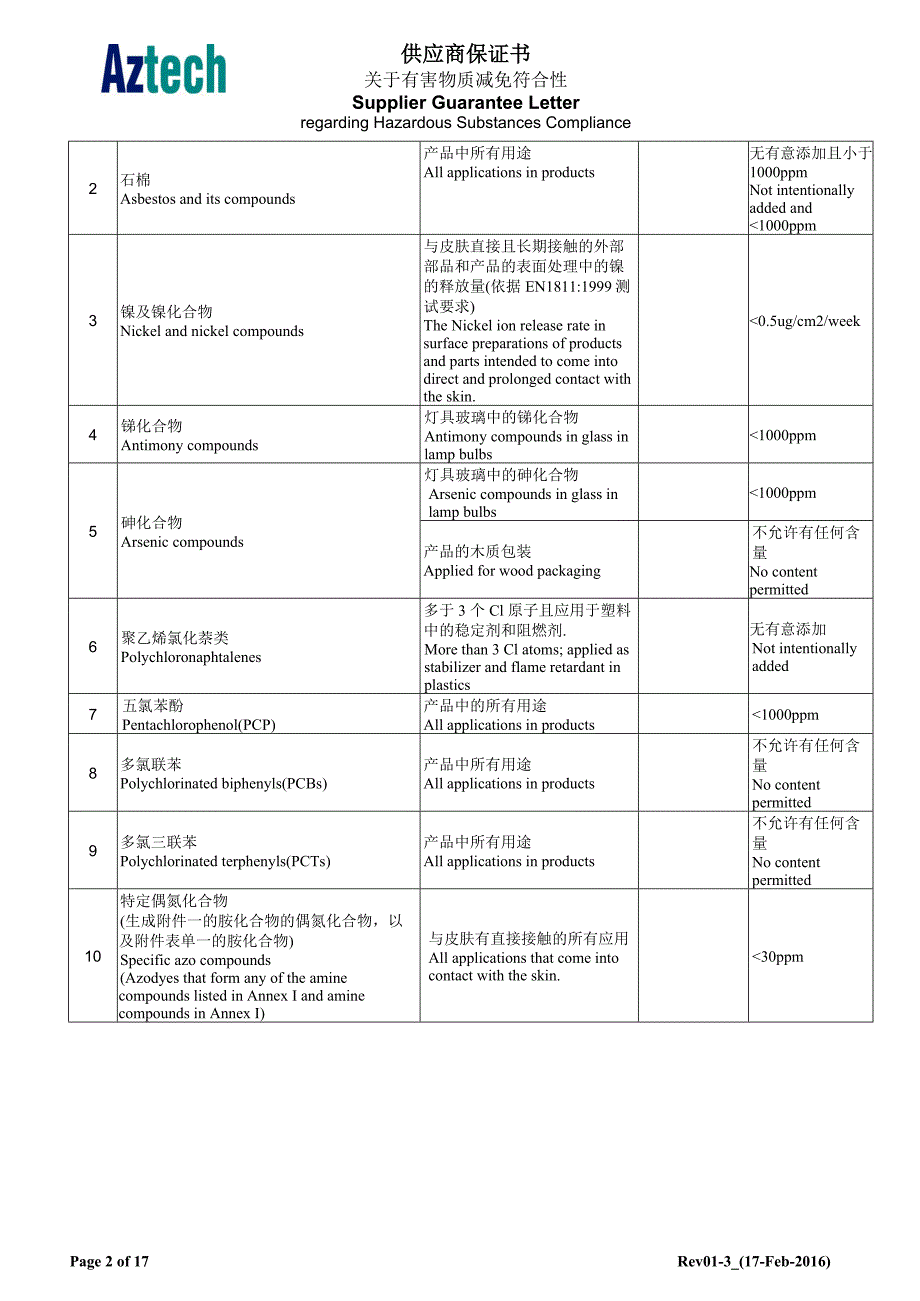 供货商保证书关于有害物质减免符合性的保证rev01-3_17-feb-2016_第3页